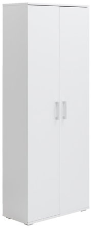 Weißer XL-Schuhschrank mit zwei Türen und silbernen Griffen, seitliche Perspektive