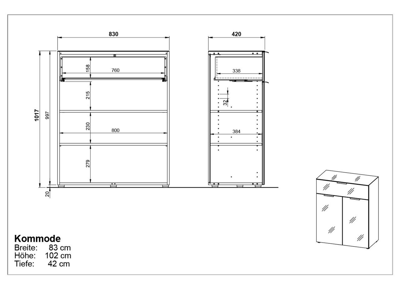 Technische Zeichnung einer Kommode mit den Maßen Breite: 83 cm, Höhe: 102 cm, Tiefe: 42 cm, Vorder- und Seitenansicht.