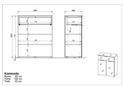 Technische Zeichnung einer Kommode mit den Maßen Breite: 83 cm, Höhe: 102 cm, Tiefe: 42 cm, Vorder- und Seitenansicht.