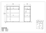 Technische Zeichnung einer Kommode mit den Maßen Breite: 83 cm, Höhe: 102 cm, Tiefe: 42 cm, Vorder- und Seitenansicht.
