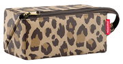Leopardenmuster-Kosmetiktasche mit Reißverschluss und Trageschlaufe, seitliche Perspektive