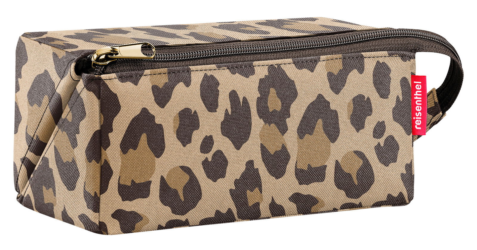 Leopardenmuster-Kosmetiktasche mit Reißverschluss und Trageschlaufe, seitliche Perspektive