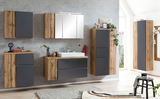 Modernes Waschtisch-Set mit Holz- und Grautönen, bestehend aus mehreren Hängeschränken und einem Waschbecken, frontal betrachtet.