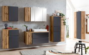 Modernes Waschtisch-Set mit Holz- und Grautönen, bestehend aus mehreren Hängeschränken und einem Waschbecken, frontal betrachtet.