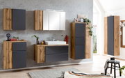 Modernes Waschtisch-Set mit Holz- und Grautönen, bestehend aus mehreren Hängeschränken und einem Waschbecken, frontal betrachtet.