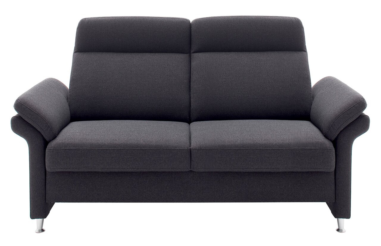 Graues 2,5-Sitzer Sofa mit Armlehnen und Metallfüßen, Frontalansicht.