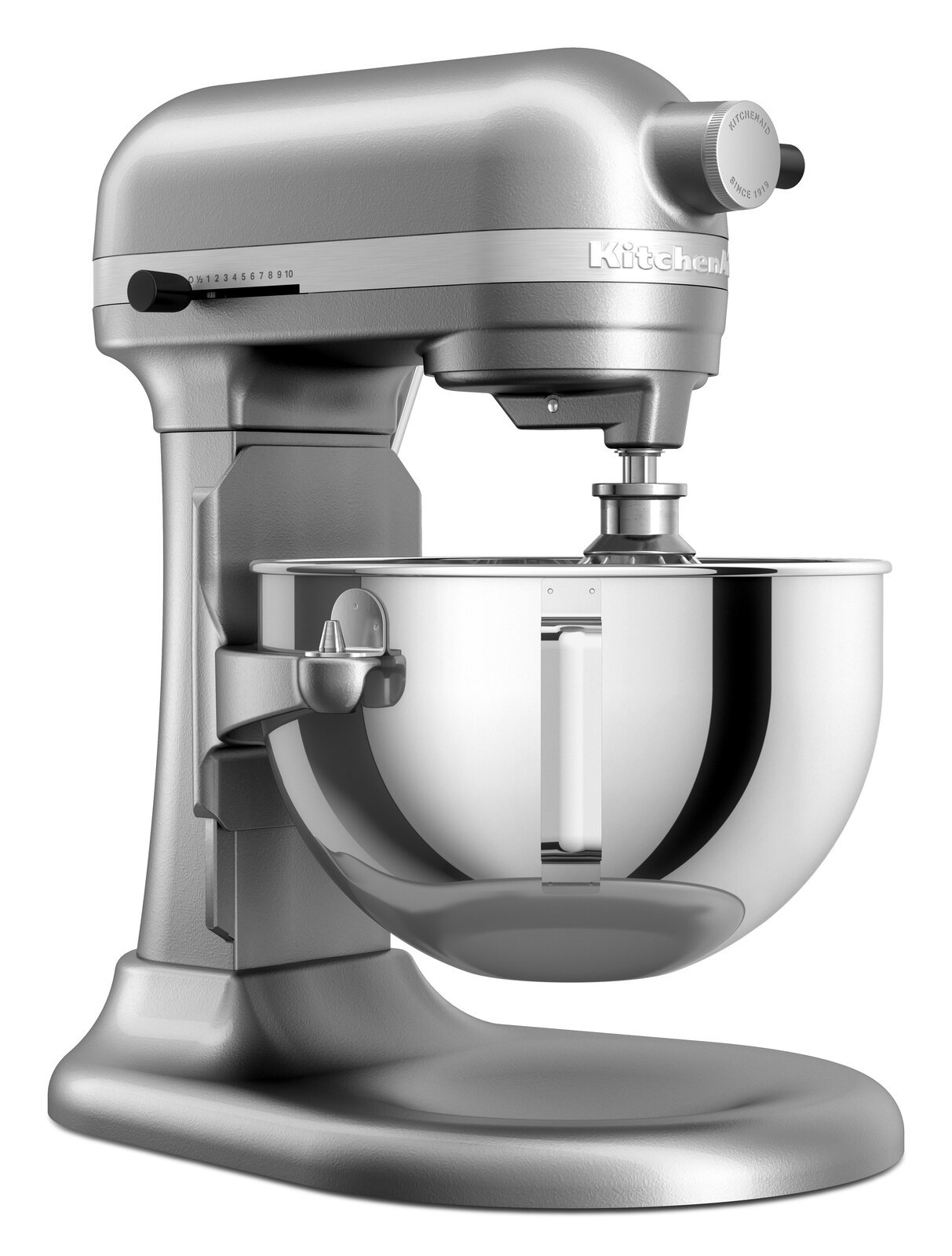 Silberne Küchenmaschine Heavy Duty 5,2L, seitliche Perspektive