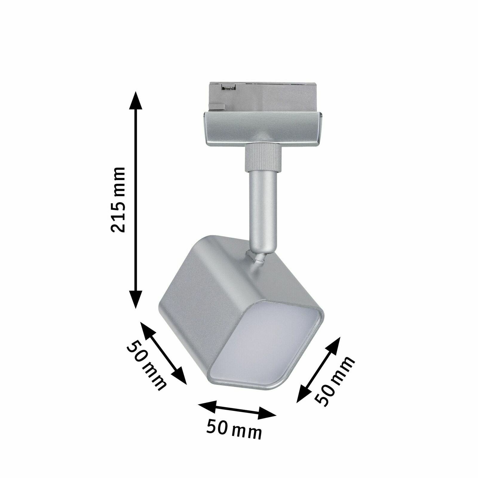 Silberner Schienenspot Muri mit quadratischem Leuchtenkopf, seitliche Perspektive, Maße 215 mm hoch und 50 mm breit.