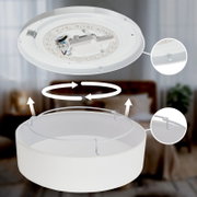 Weiße runde LED-Deckenleuchte mit abnehmbarem Diffusor/Schirm und Drahtbügeln, gezeigt in explodierter Darstellung aus Untersicht (Blick von unten) zur Montage an der Decke.