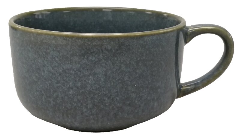 Graue Cappuccinotasse aus Keramik mit Henkel, seitliche Perspektive