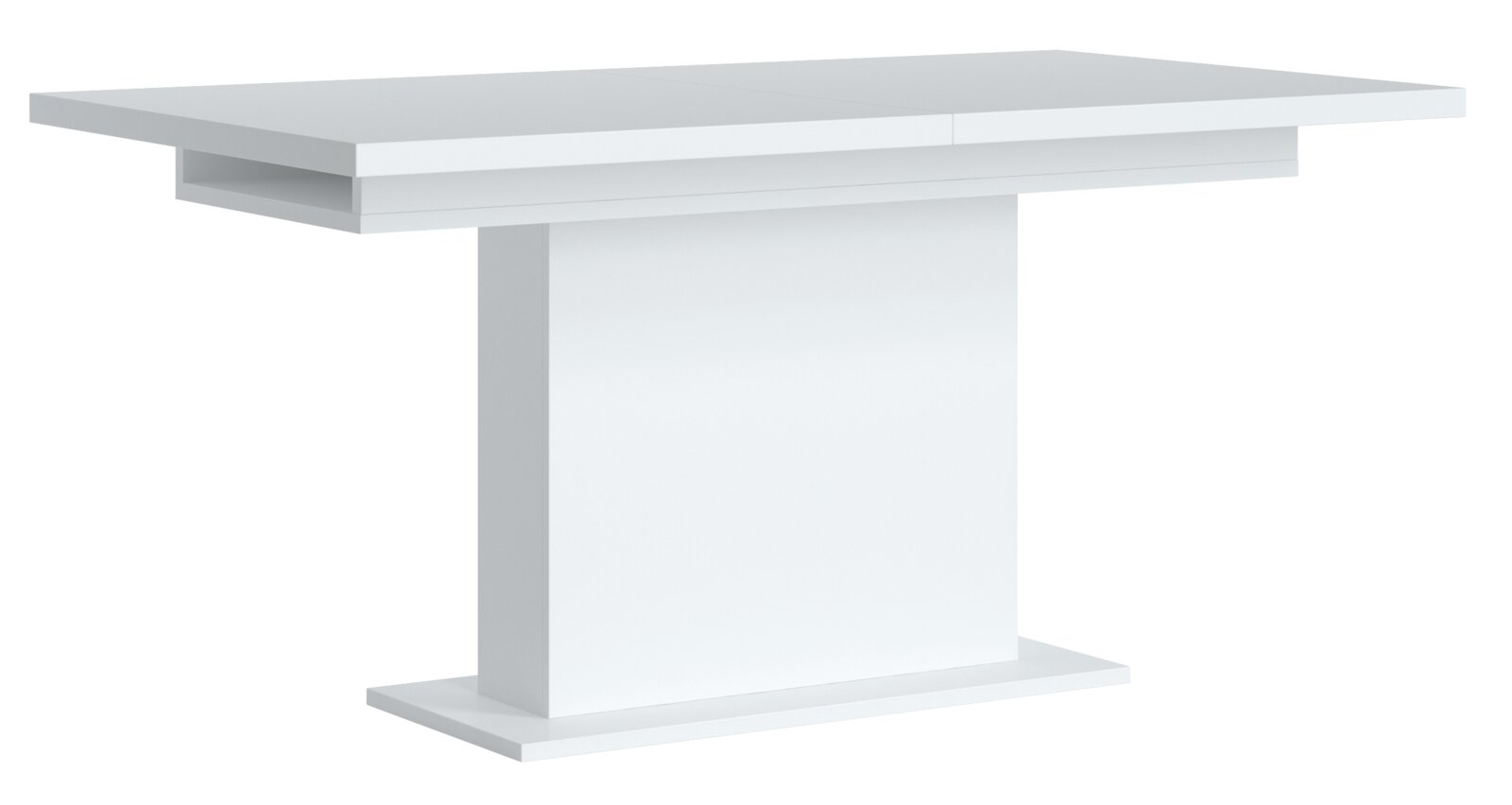 Z2 Funktions-Esstisch CAMPANIA Moderner weißer Esstisch mit rechteckiger Tischplatte und zentralem Standfuß, seitliche Perspektive