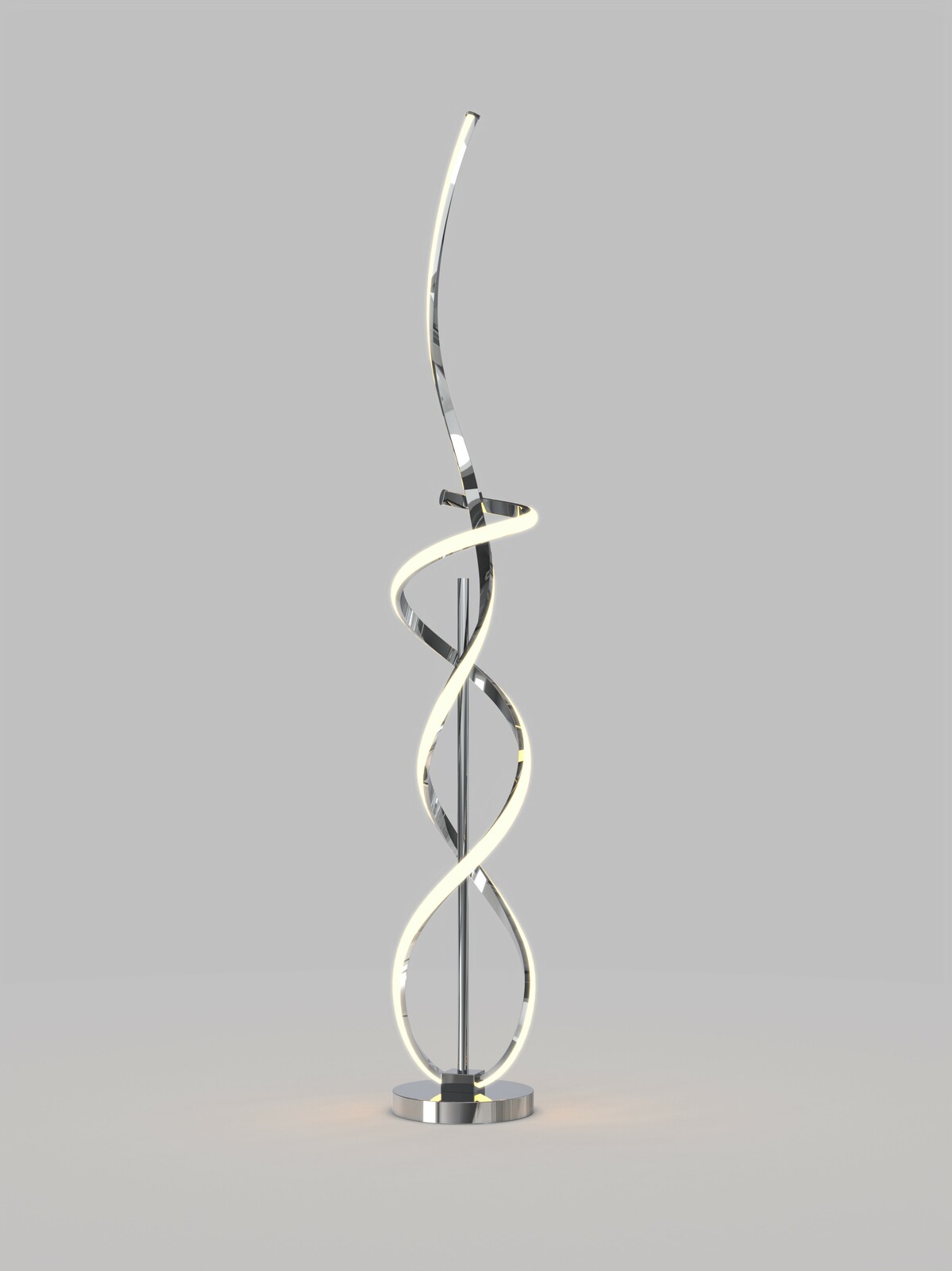 Moderne Stehleuchte Indigo mit geschwungenem, spiralförmigem Design aus Metall, seitliche Perspektive.