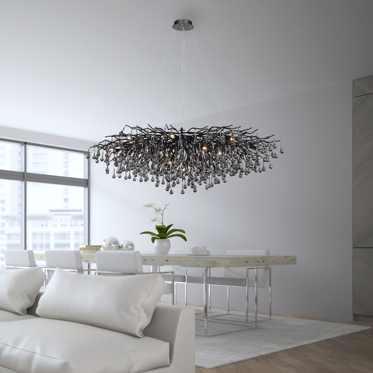 Moderner Kronleuchter ICICLE in einem eleganten Wohnzimmer, seitliche Perspektive
