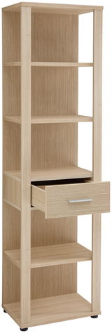 Hohes Aktenregal aus Holz mit mehreren offenen Fächern und einer Schublade, perspektivisch von vorne links fotografiert.