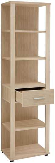 Hohes Aktenregal aus Holz mit mehreren offenen Fächern und einer Schublade, perspektivisch von vorne links fotografiert.