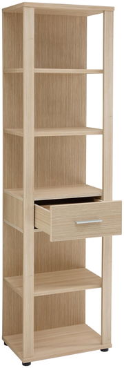 Hohes Aktenregal aus Holz mit mehreren offenen Fächern und einer Schublade, perspektivisch von vorne links fotografiert.