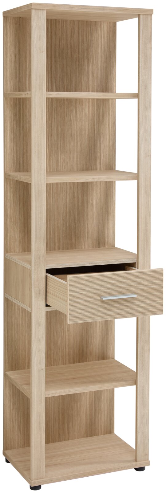 Hohes Aktenregal aus Holz mit mehreren offenen Fächern und einer Schublade, perspektivisch von vorne links fotografiert.