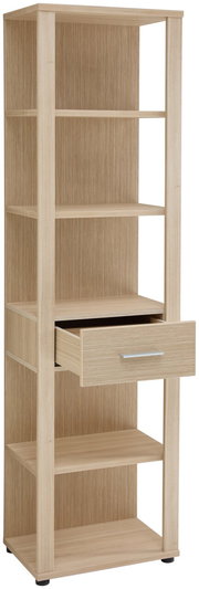 Hohes Aktenregal aus Holz mit mehreren offenen Fächern und einer Schublade, perspektivisch von vorne links fotografiert.