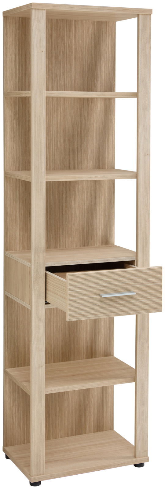 Hohes Aktenregal aus Holz mit mehreren offenen Fächern und einer Schublade, perspektivisch von vorne links fotografiert.