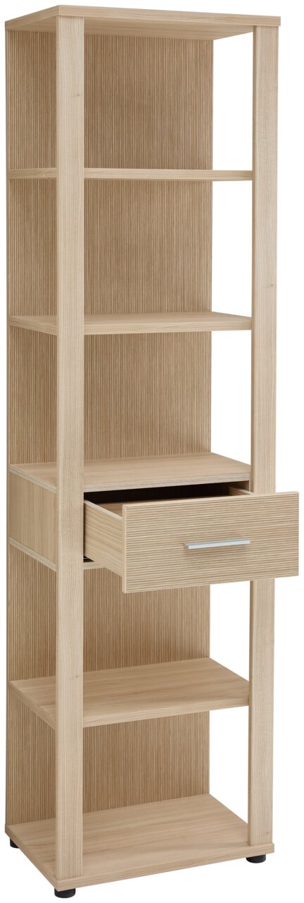 Hohes Aktenregal aus Holz mit mehreren offenen Fächern und einer Schublade, perspektivisch von vorne links fotografiert.