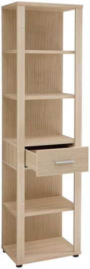 Hoog houten archiefrek met meerdere open vakken en een lade, in perspectief gefotografeerd vanaf links vooraan.