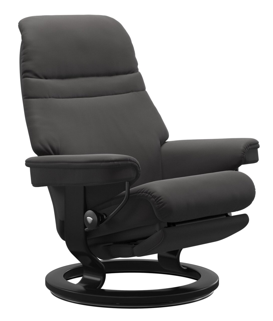 Bequemer schwarzer Einzelsessel mit modernem Design, seitliche Perspektive
