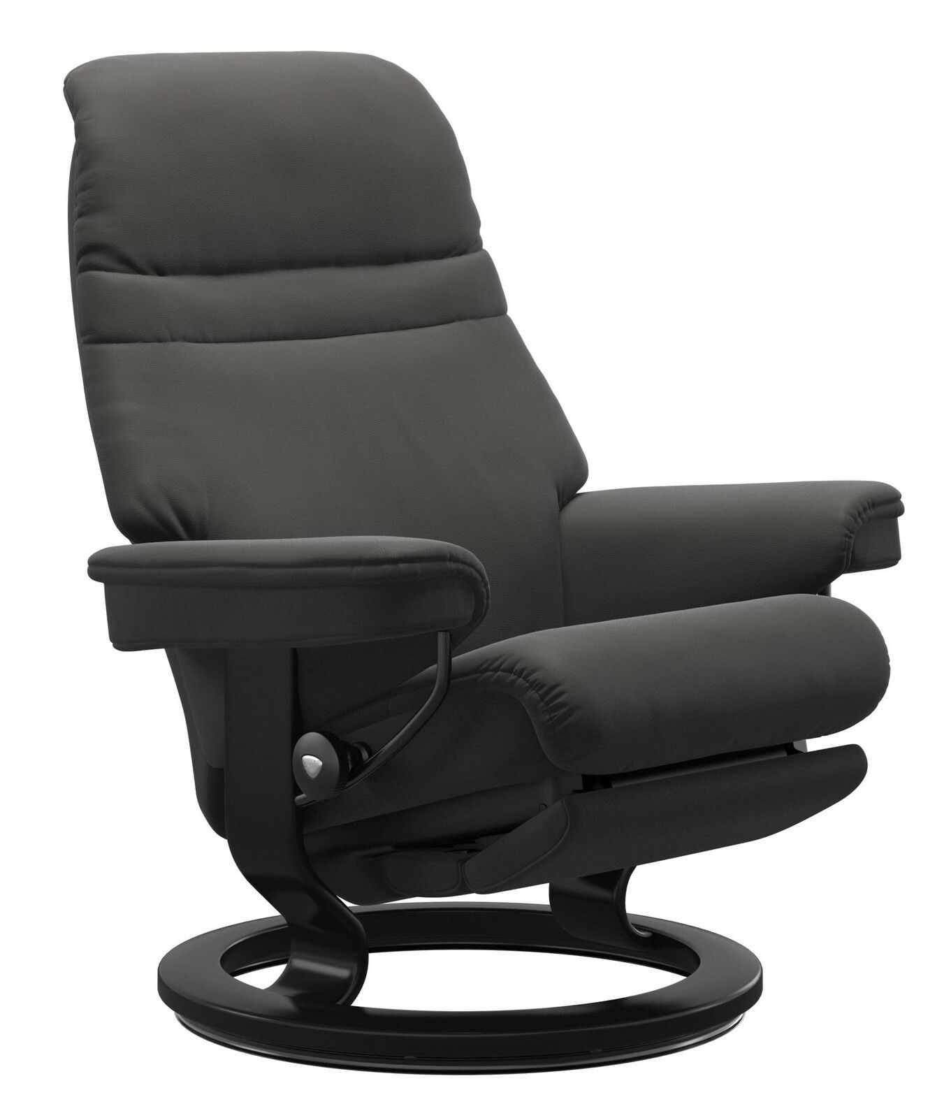 Bequemer schwarzer Einzelsessel mit modernem Design, seitliche Perspektive