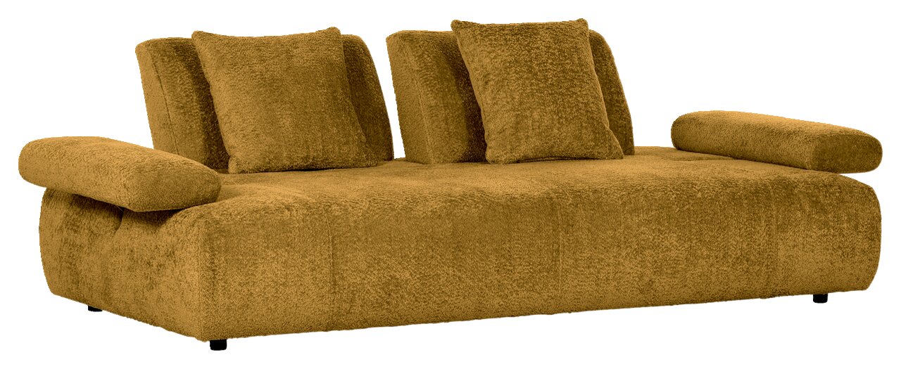 Zweisitzer-Sofa in senfgelber Farbe mit weicher Textur, seitliche Perspektive