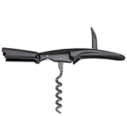 Schwarzes Kellnermesser mit ausgeklapptem Korkenzieher, Messer und Flaschenöffner in seitlicher Nahansicht vor weißem Hintergrund