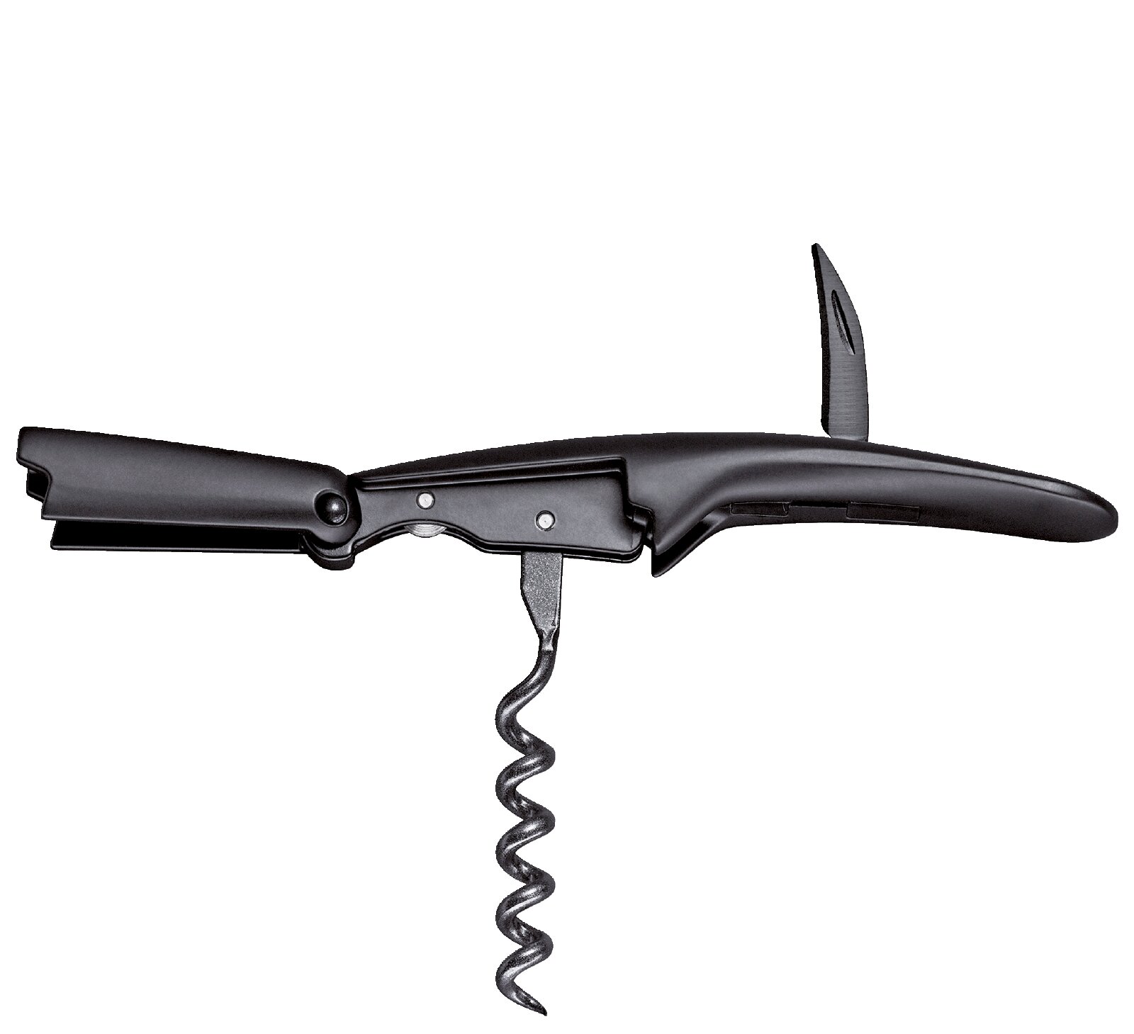 Schwarzes Kellnermesser mit ausgeklapptem Korkenzieher, Messer und Flaschenöffner in seitlicher Nahansicht vor weißem Hintergrund