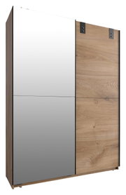Schwebetürenschrank mit zwei Türen, eine mit Spiegel und eine in Holzoptik, seitliche Perspektive