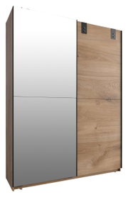 Schwebetürenschrank mit zwei Türen, eine mit Spiegel und eine in Holzoptik, seitliche Perspektive