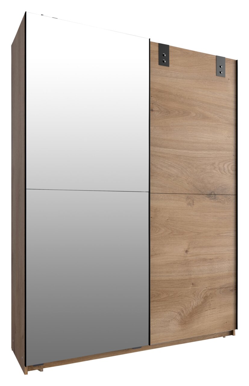 Schwebetürenschrank mit zwei Türen, eine mit Spiegel und eine in Holzoptik, seitliche Perspektive