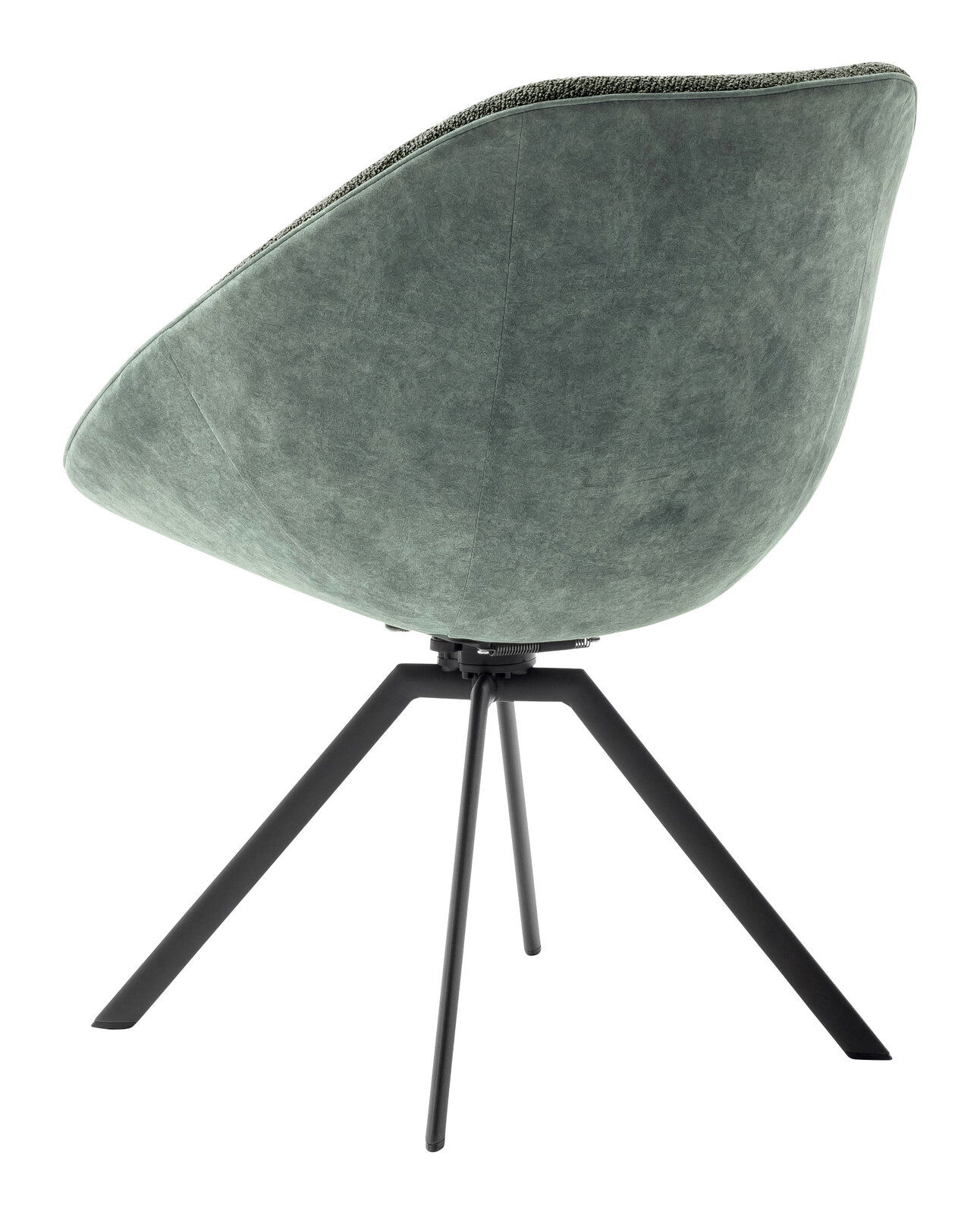 Venjakob Stuhl LIV Rückansicht eines modernen Stuhls mit grünem Stoffbezug und schwarzen Metallbeinen.