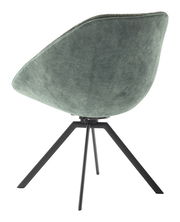 Rückansicht eines modernen Stuhls mit grünem Stoffbezug und schwarzen Metallbeinen.