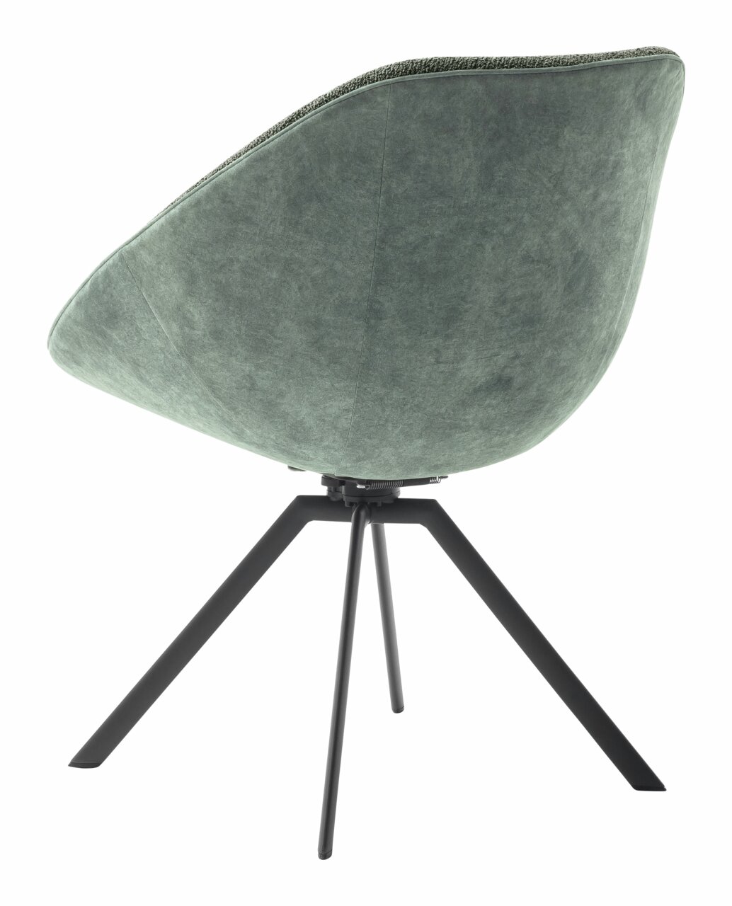 Achterkant van een moderne stoel met groene stoffen bekleding en zwarte metalen poten.