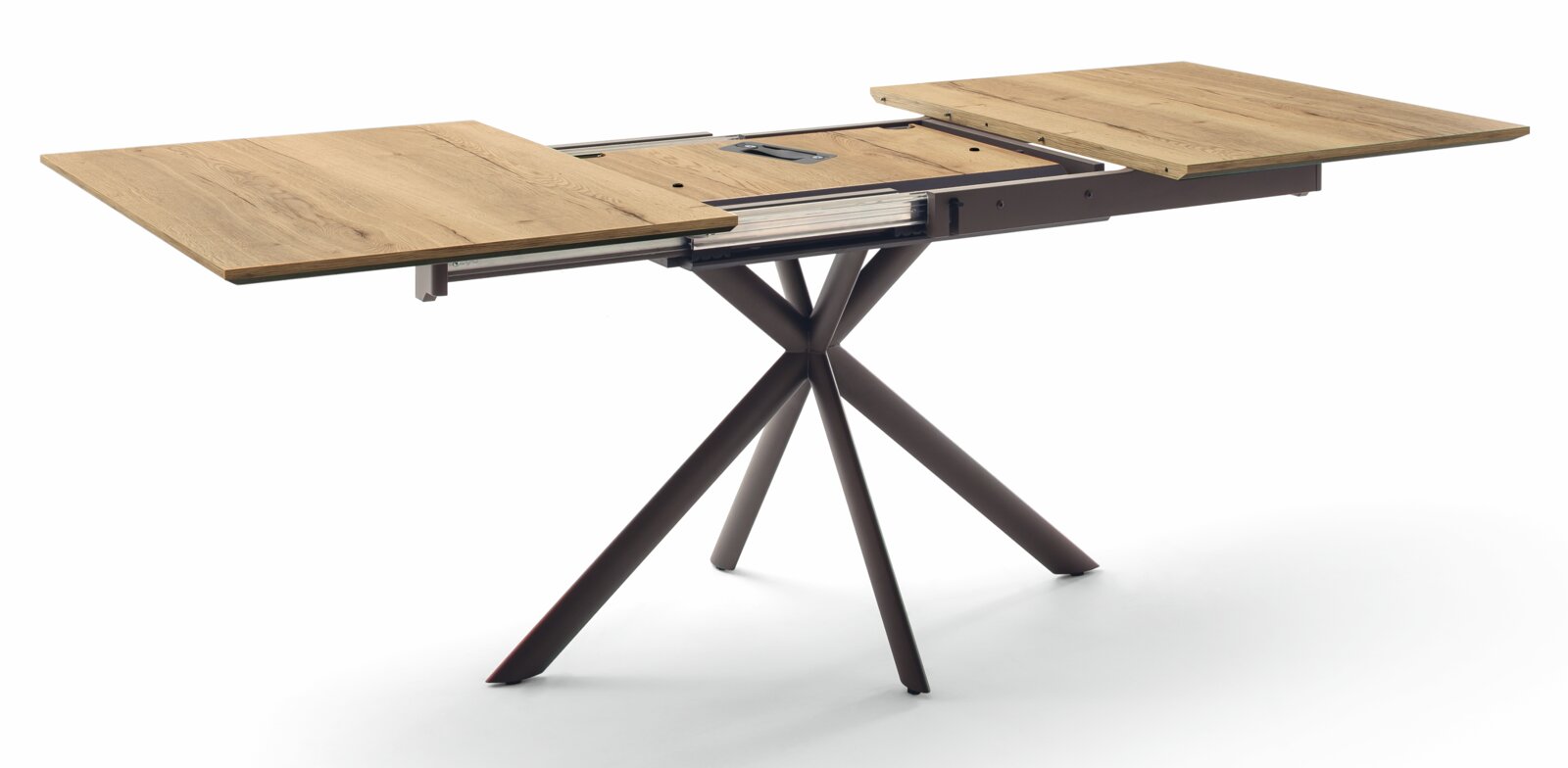 Moderner Esstisch mit ausziehbarer Holzplatte und Metallgestell, seitliche Perspektive