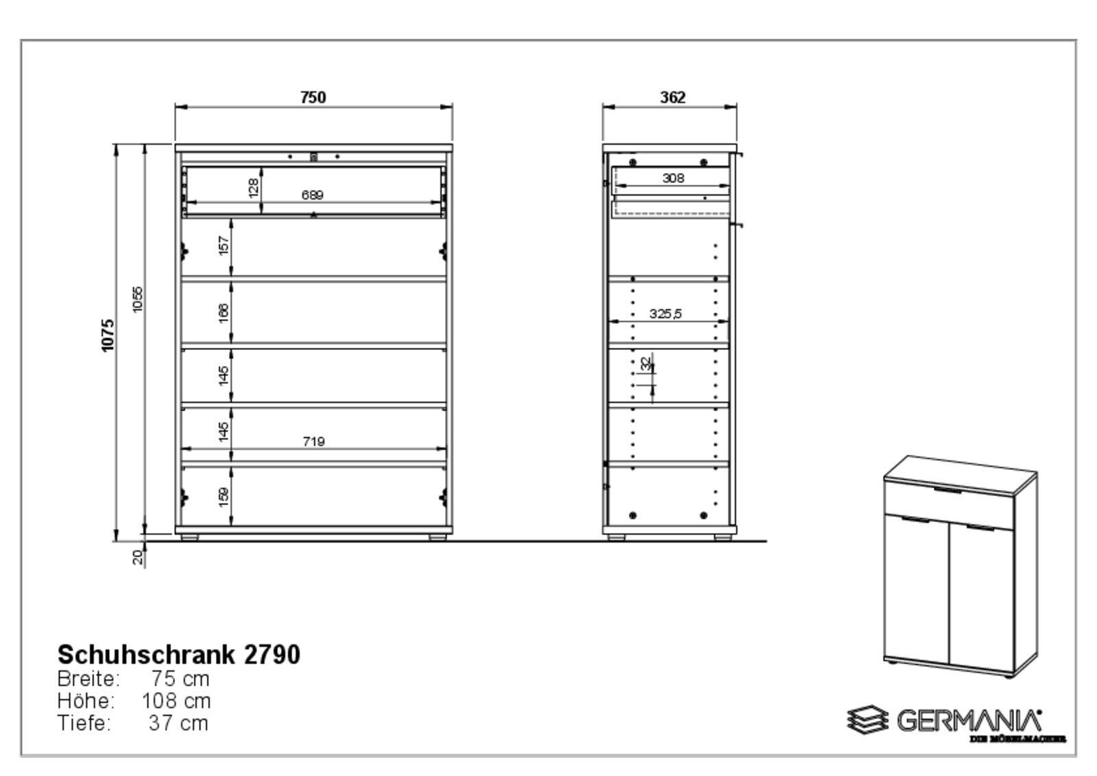 Technische Zeichnung eines Schuhschranks mit den Maßen Breite: 75 cm, Höhe: 108 cm, Tiefe: 37 cm. Front- und Seitenansicht des Schranks mit mehreren Regalböden. Perspektive: Frontal- und Seitenansicht.