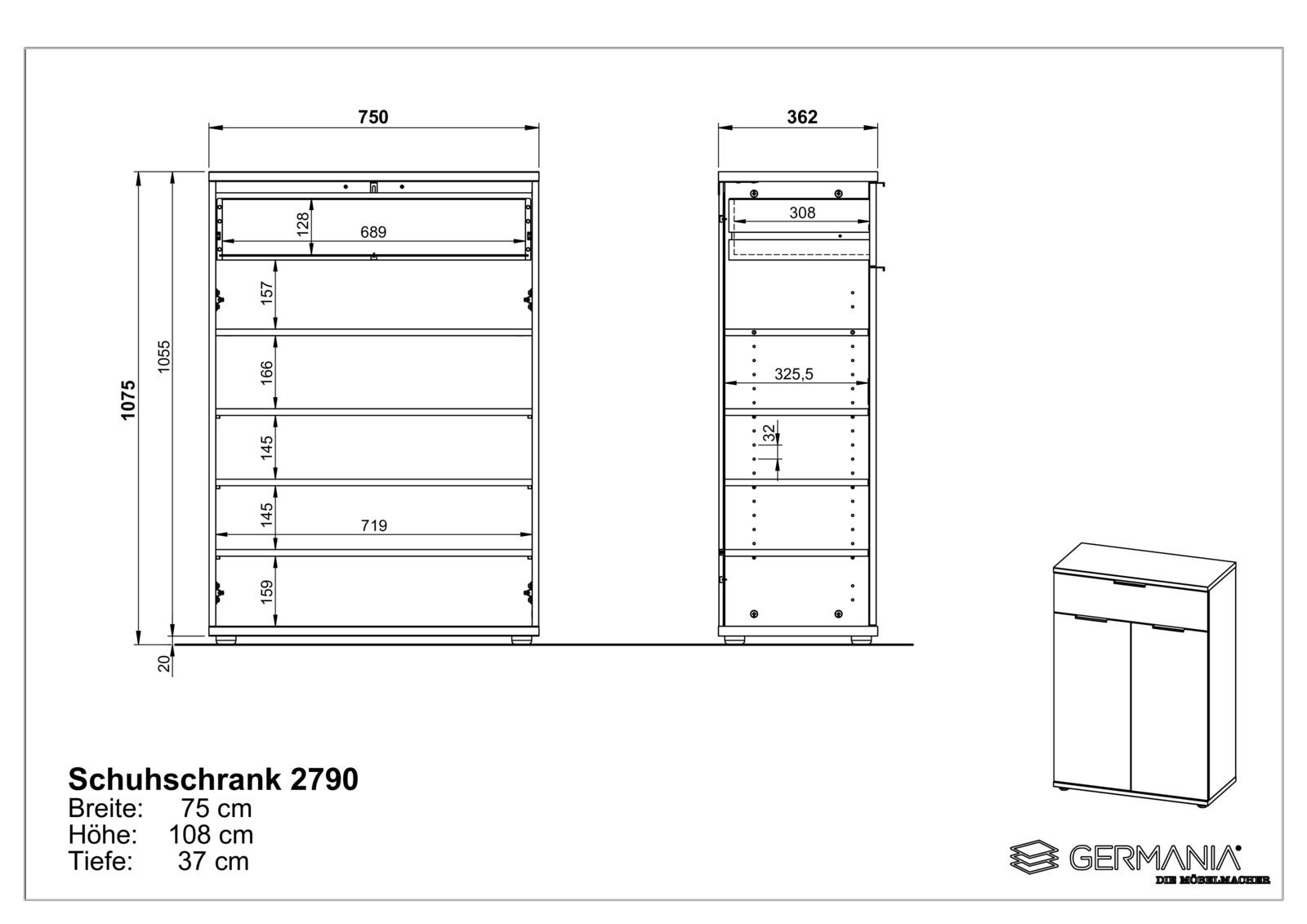 Technische Zeichnung eines Schuhschranks mit den Maßen Breite: 75 cm, Höhe: 108 cm, Tiefe: 37 cm. Front- und Seitenansicht des Schranks mit mehreren Regalböden. Perspektive: Frontal- und Seitenansicht.