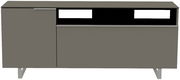 Frontansicht eines modernen, grauen TV-Lowboards mit zwei Türen und offenen Fächern.