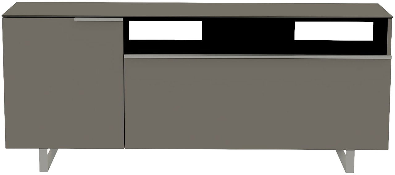 Moderano TV-Lowboard BORMIO Frontansicht eines modernen, grauen TV-Lowboards mit zwei Türen und offenen Fächern.