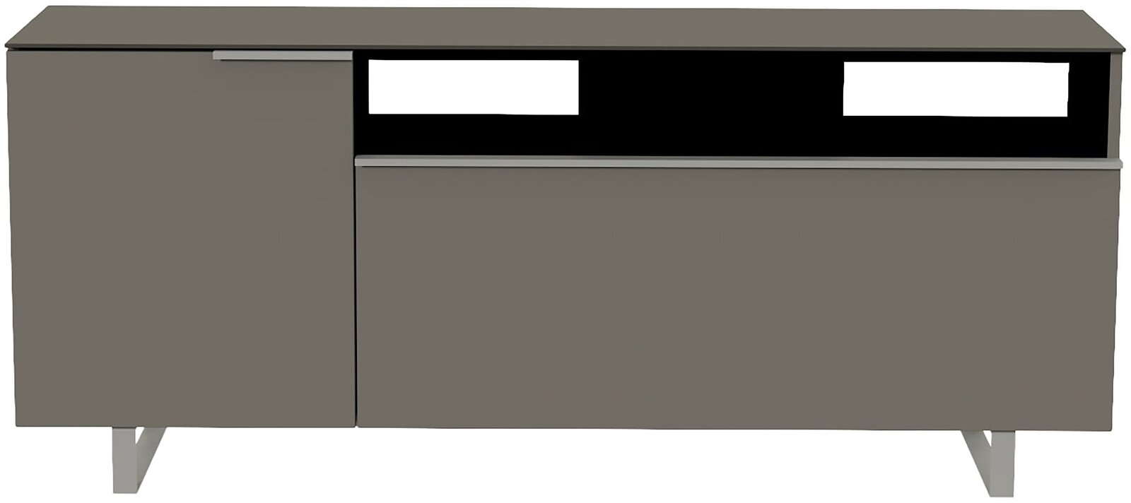 Moderano TV-Lowboard BORMIO Frontansicht eines modernen, grauen TV-Lowboards mit zwei Türen und offenen Fächern.