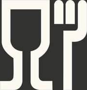 Symbol für Lebensmittelkontakt, schwarze Umrisse eines Weinglases und einer Gabel auf weißem Hintergrund, Frontalansicht