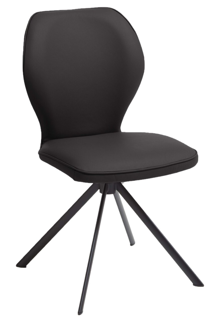 Moderner schwarzer Stuhl mit gepolsterter Sitzfläche und Rückenlehne, auf vier Metallbeinen, seitliche Perspektive