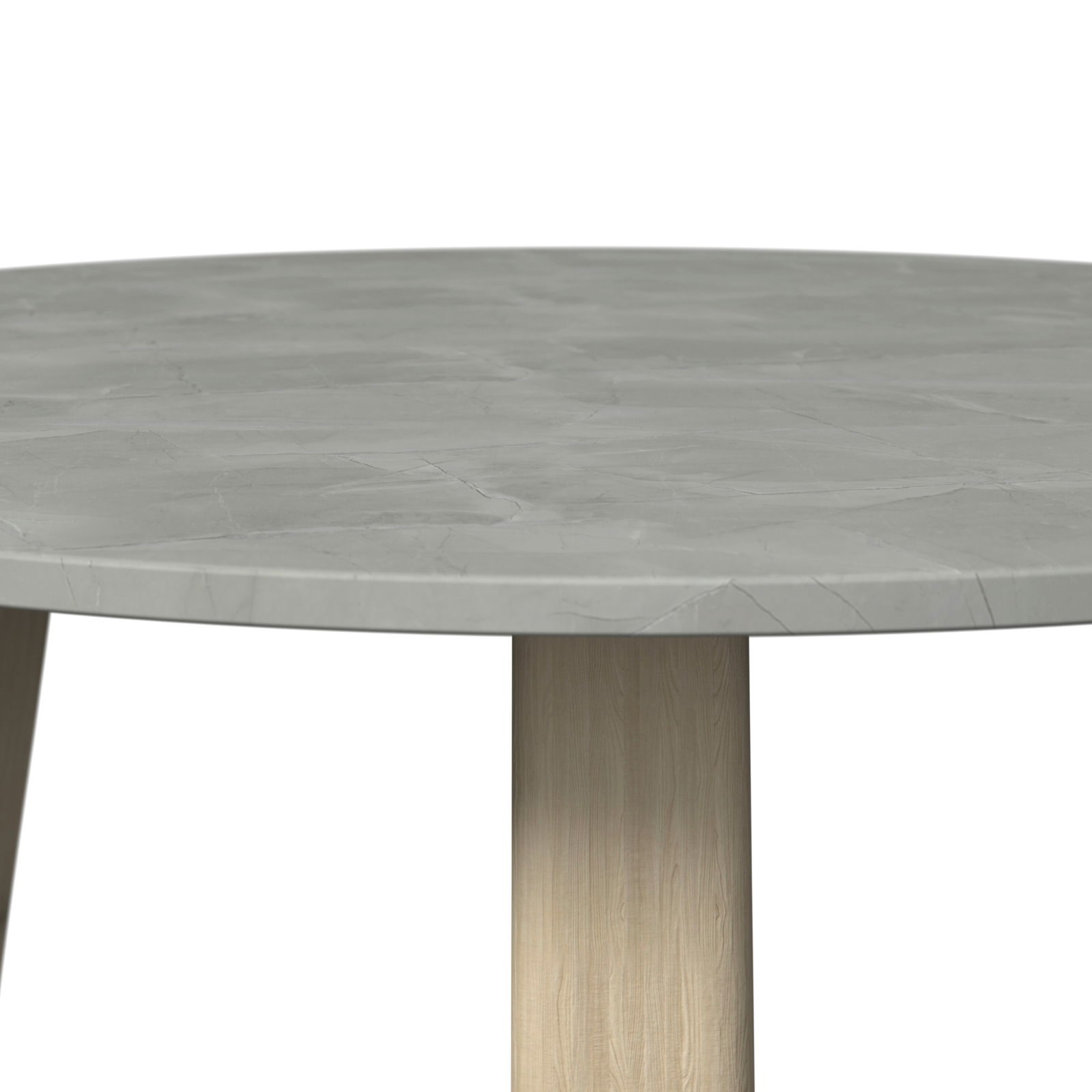 Runder Loungetisch mit grauer Tischplatte und Holzbein, seitliche Perspektive