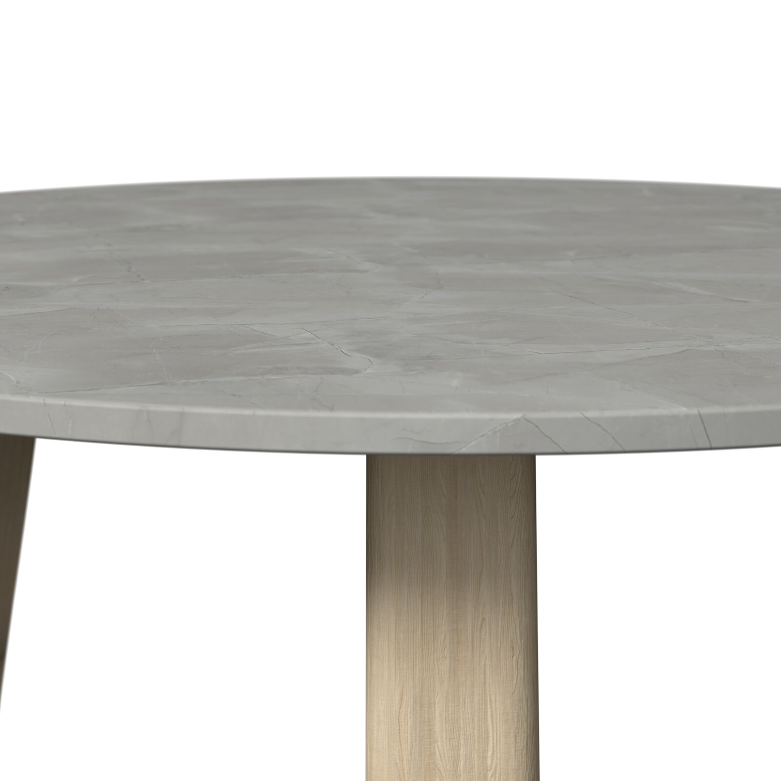Runder Loungetisch mit grauer Tischplatte und Holzbein, seitliche Perspektive