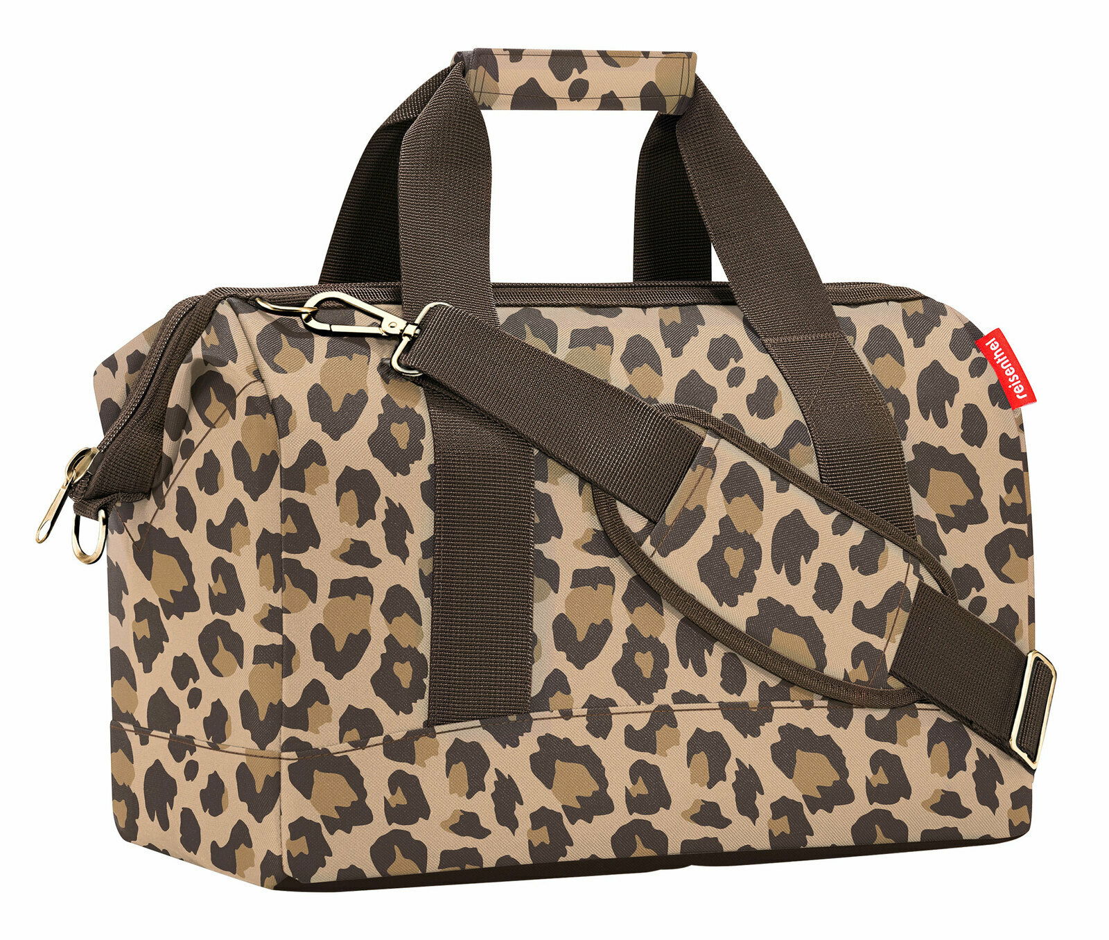 Leopardenmuster-Tasche mit braunen Trägern, seitliche Perspektive