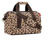 Leopardenmuster-Tasche mit braunen Trägern, seitliche Perspektive