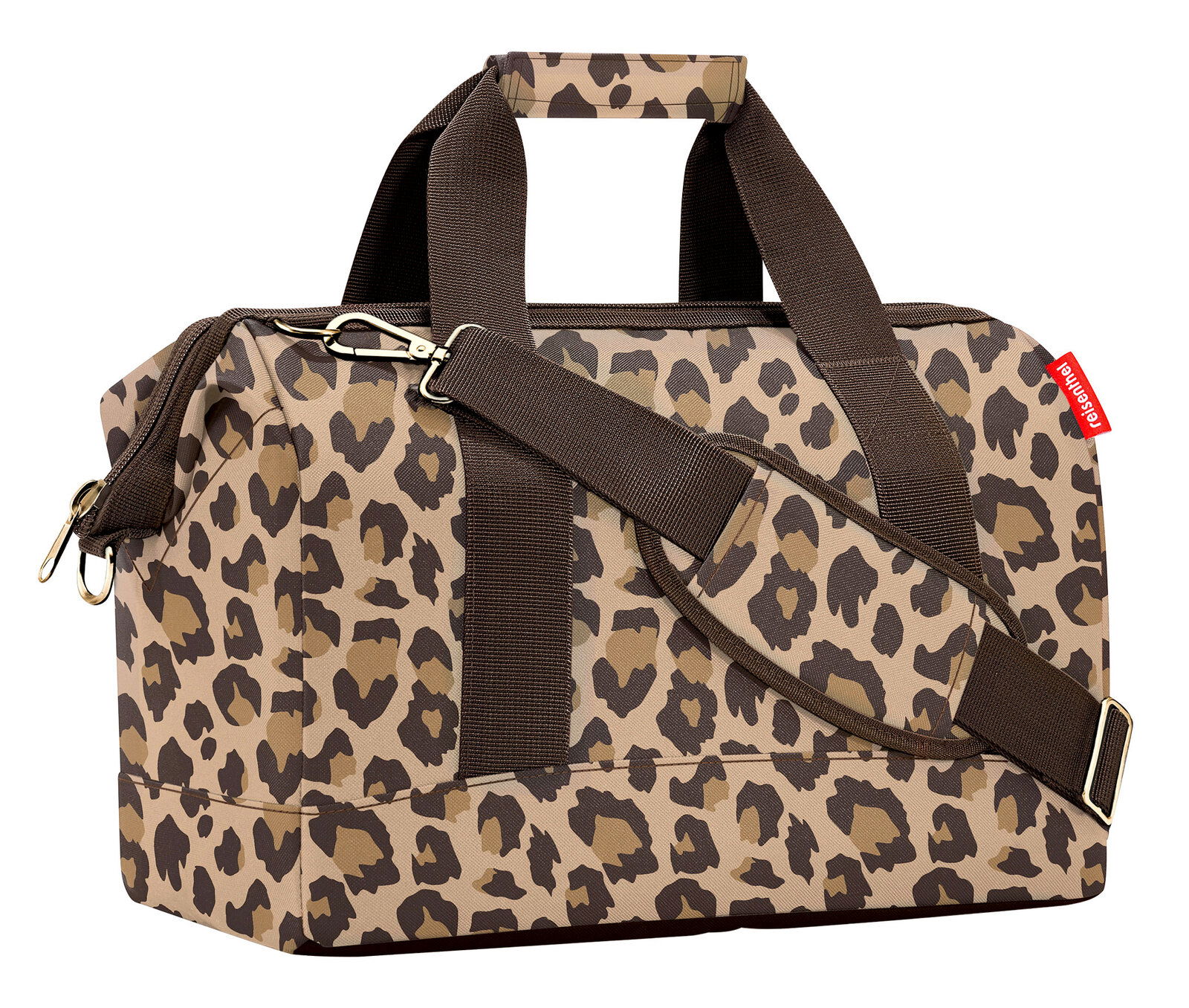 Leopardenmuster-Tasche mit braunen Trägern, seitliche Perspektive