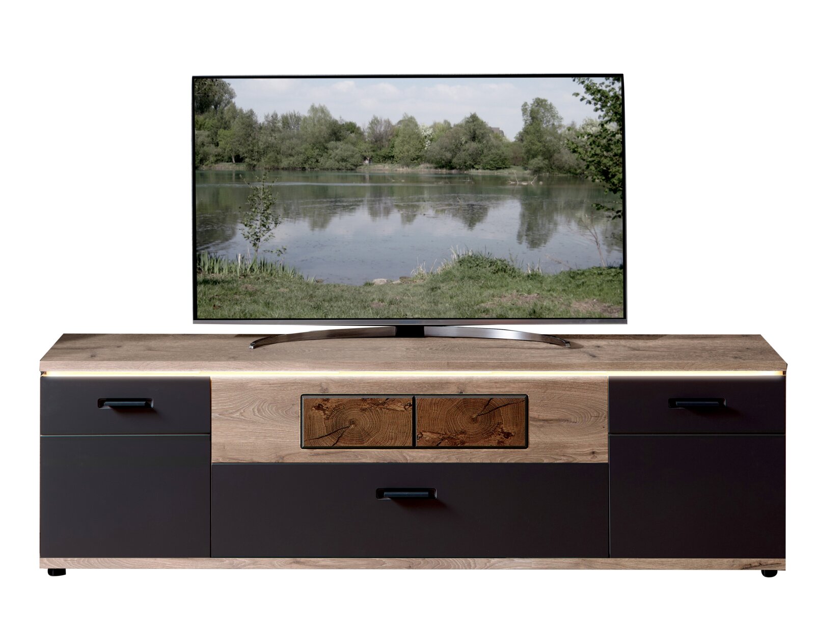Stylife Lowboard SINA TV-Lowboard in Holzoptik mit schwarzen Fronten und LED-Lichtleiste, frontal aus der Vorderansicht auf weißem Hintergrund, mit Fernseher darauf